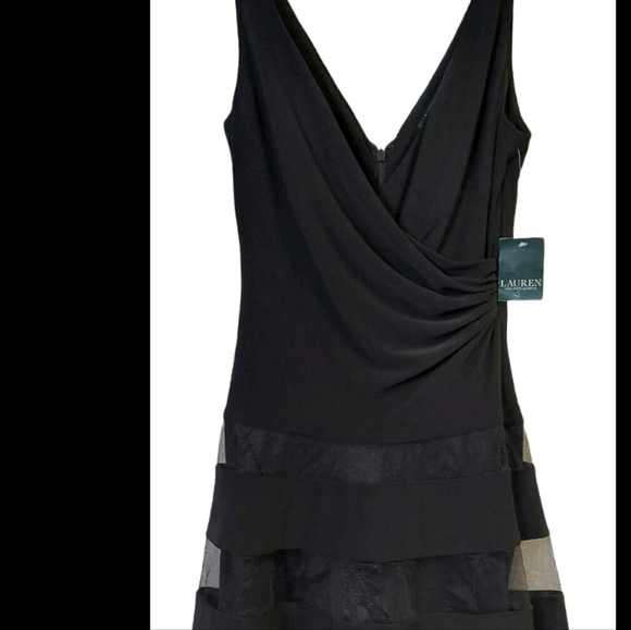 Ralph Lauren Women’s Black Fit & Flare Dress M V-Neck Satin Stripe Cocktail - Picture 4 of 7